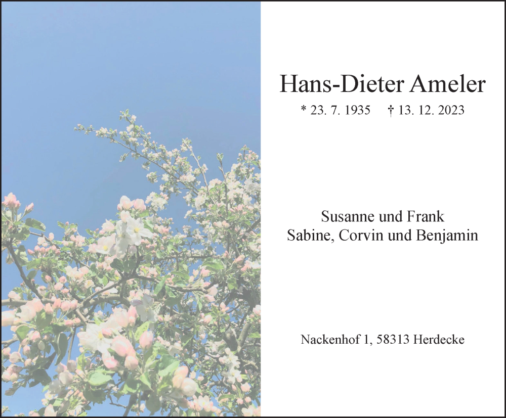  Traueranzeige für Hans-Dieter Ameler vom 16.12.2023 aus Tageszeitung
