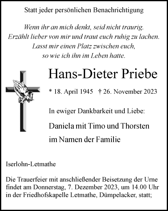 Traueranzeige von Hans-Dieter Priebe von Tageszeitung