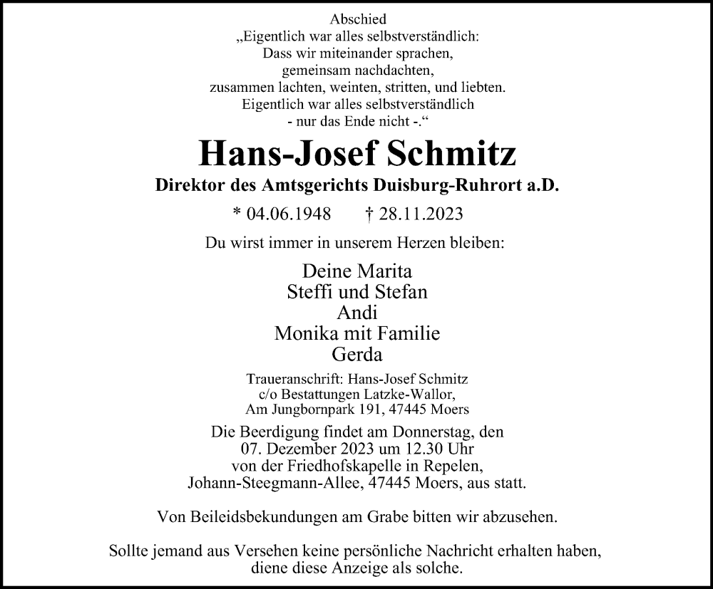  Traueranzeige für Hans-Josef Schmitz vom 02.12.2023 aus Tageszeitung