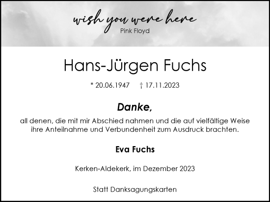 Traueranzeige von Hans-Jürgen Fuchs von Tageszeitung