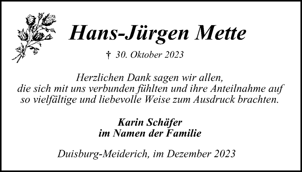  Traueranzeige für Hans-Jürgen Mette vom 23.12.2023 aus Tageszeitung