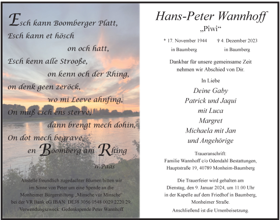 Traueranzeige von Hans-Peter Wannhoff von Tageszeitung