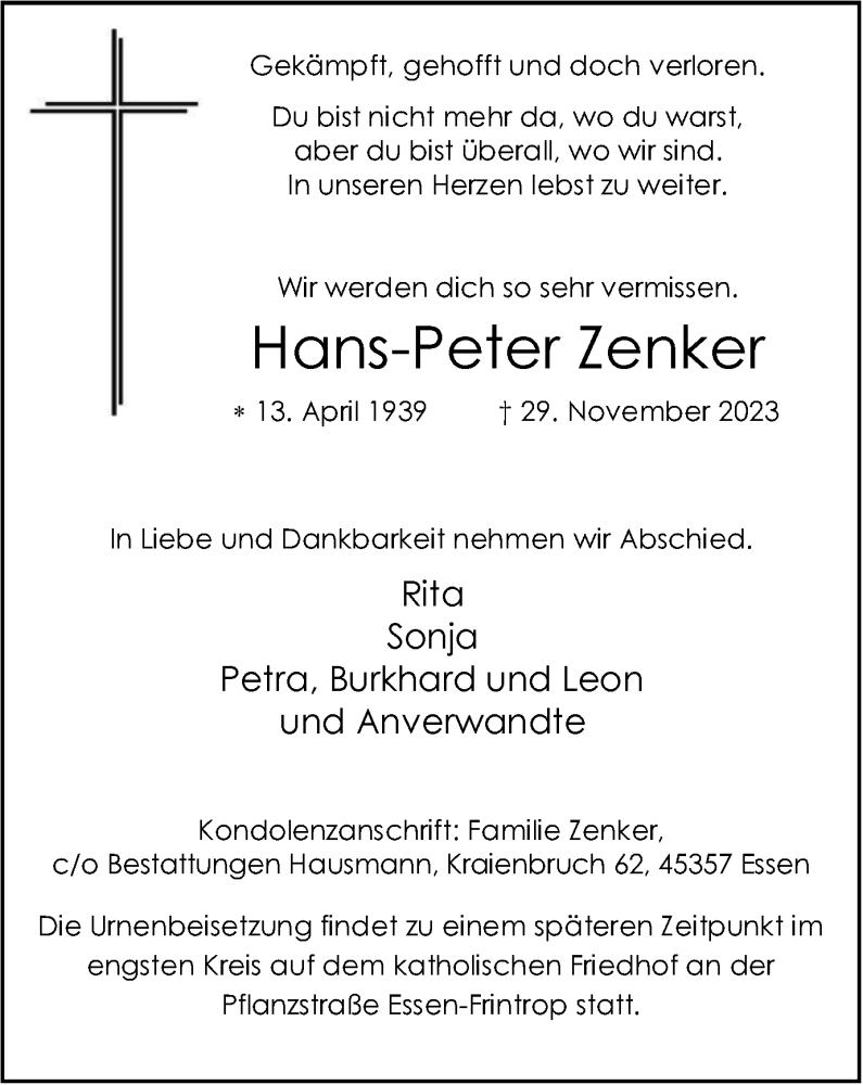  Traueranzeige für Hans-Peter Zenker vom 02.12.2023 aus Tageszeitung
