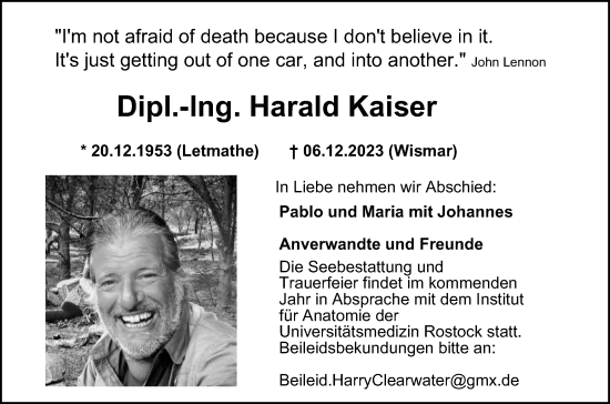 Traueranzeige von Harald Kaiser von Tageszeitung