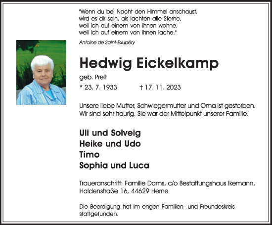 Traueranzeige von Hedwig Eickelkamp von Tageszeitung