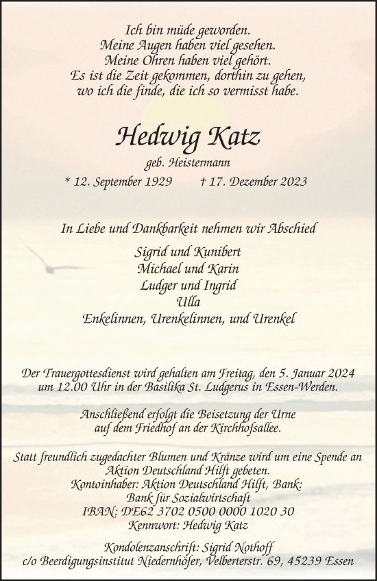 Traueranzeige von Hedwig Katz von Tageszeitung