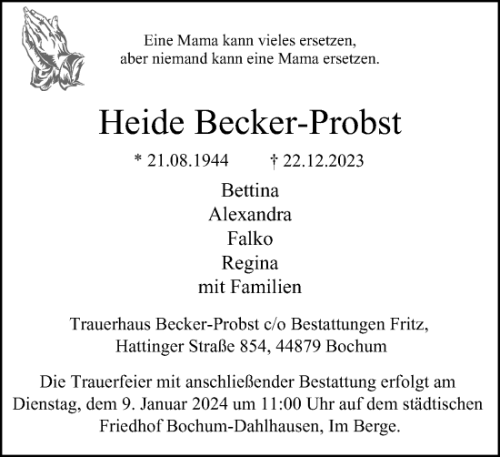 Traueranzeige von Heide Becker-Probst von Tageszeitung