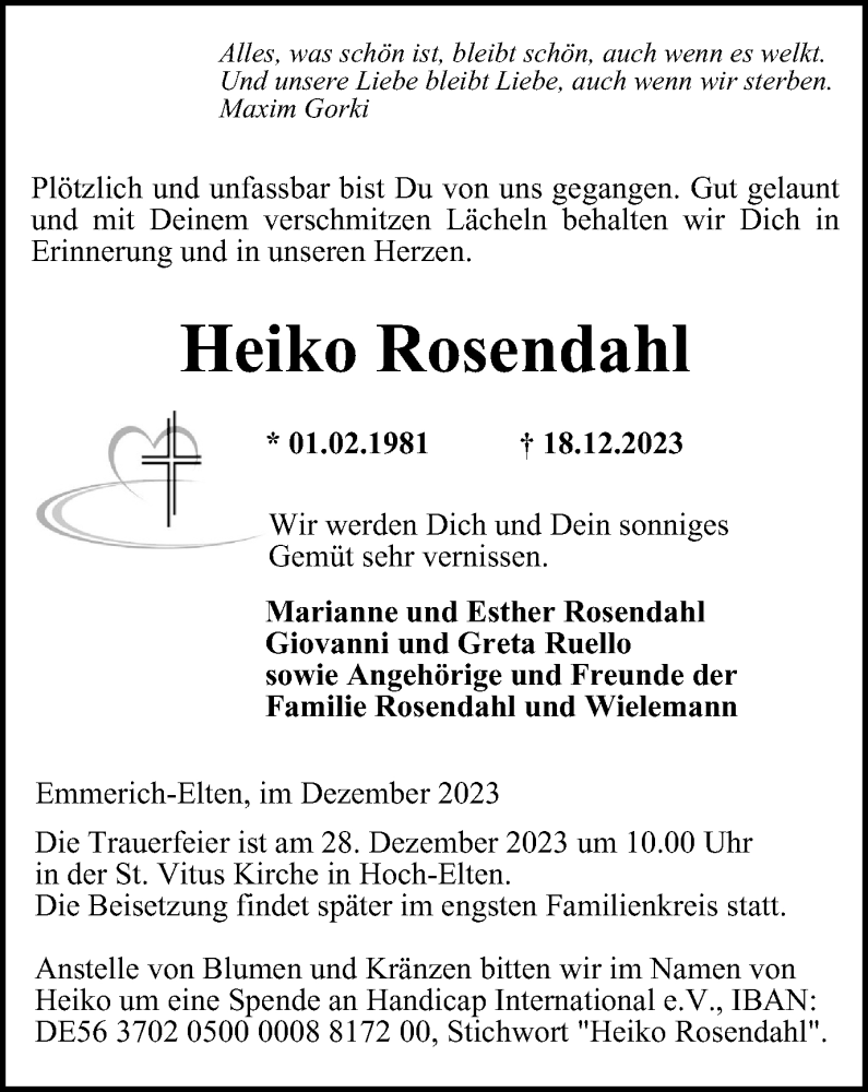  Traueranzeige für Heiko Rosendahl vom 23.12.2023 aus Tageszeitung