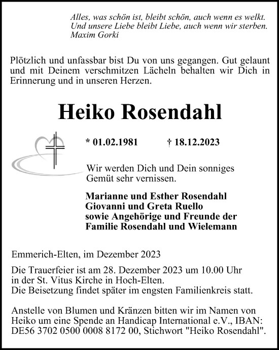 Traueranzeige von Heiko Rosendahl von Tageszeitung