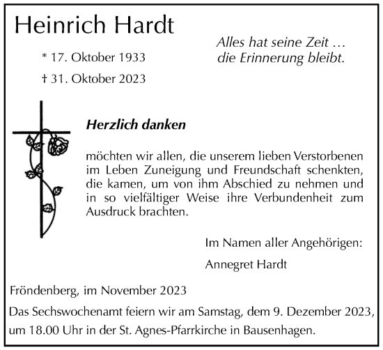 Traueranzeige von Heinrich Hardt von Tageszeitung