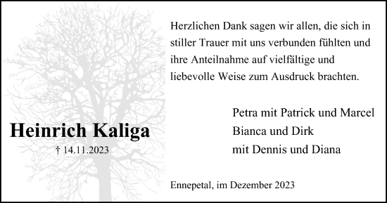 Traueranzeige von Heinrich Kaliga von Tageszeitung