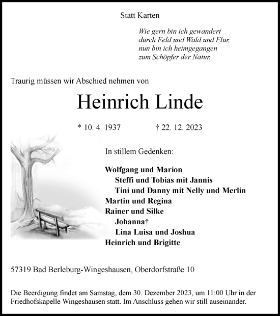 Traueranzeige von Heinrich Linde von Tageszeitung