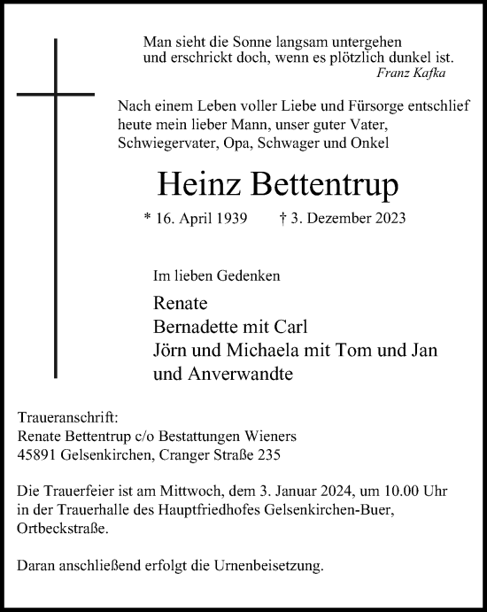 Traueranzeige von Heinz Bettentrup von Tageszeitung
