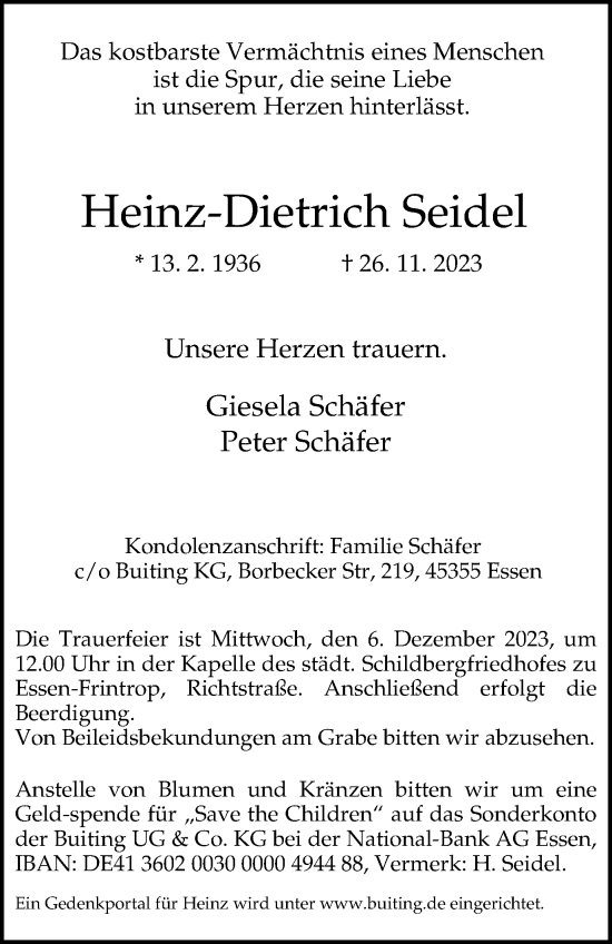 Traueranzeige von Heinz-Dietrich Seidel von Tageszeitung