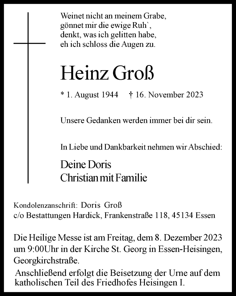  Traueranzeige für Heinz Groß vom 02.12.2023 aus Tageszeitung
