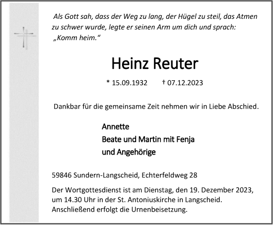 Traueranzeige von Heinz Reuter von Tageszeitung