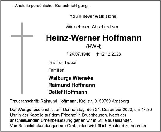 Traueranzeige von Heinz-Werner Hoffmann von Tageszeitung