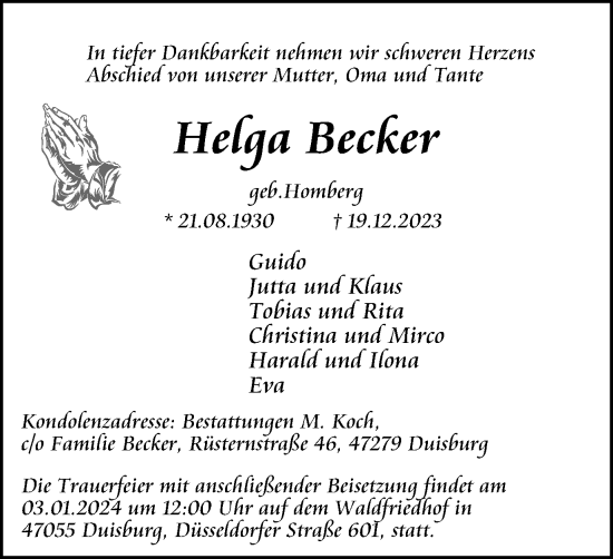 Traueranzeige von Helga Becker von Tageszeitung
