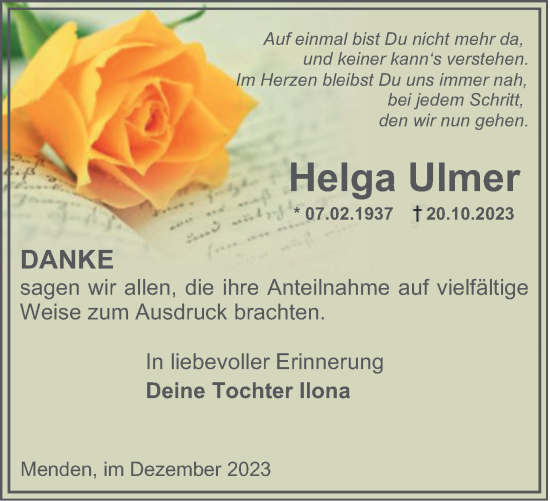 Traueranzeige von Helga Ulmer von Tageszeitung