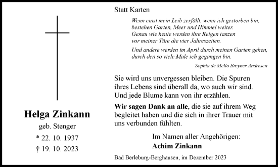 Traueranzeige von Helga Zinkann von Tageszeitung