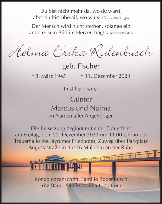 Traueranzeige von Helma Erika Rodenbusch von Tageszeitung