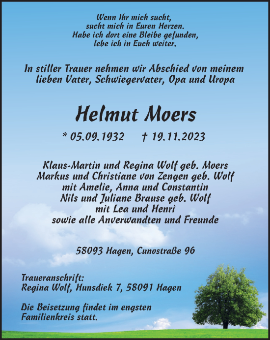 Traueranzeige von Helmut Moers von Tageszeitung