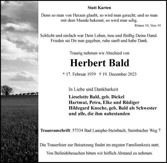 Traueranzeige von Herbert Bald von Tageszeitung