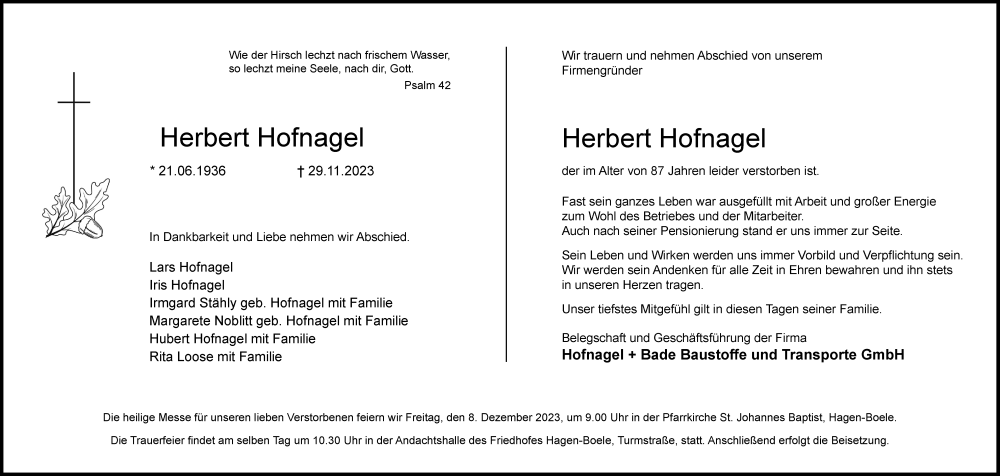  Traueranzeige für Herbert Hofnagel vom 02.12.2023 aus Tageszeitung