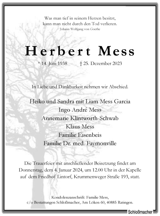 Traueranzeige von Herbert Mess von Tageszeitung