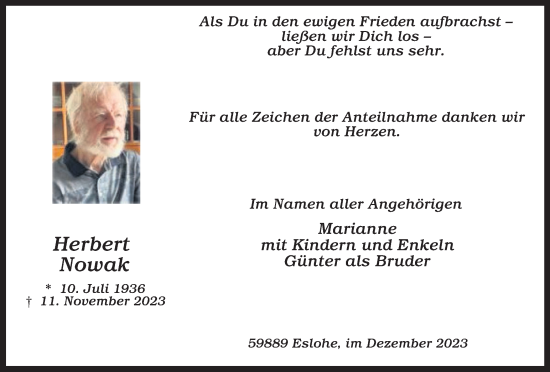 Traueranzeige von Herbert Nowak von Tageszeitung