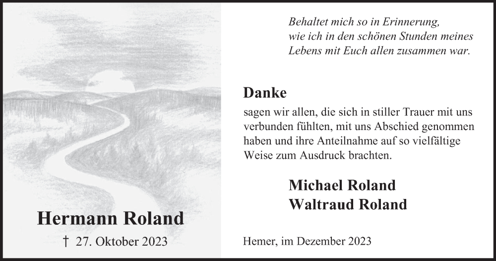  Traueranzeige für Hermann Roland vom 02.12.2023 aus Tageszeitung