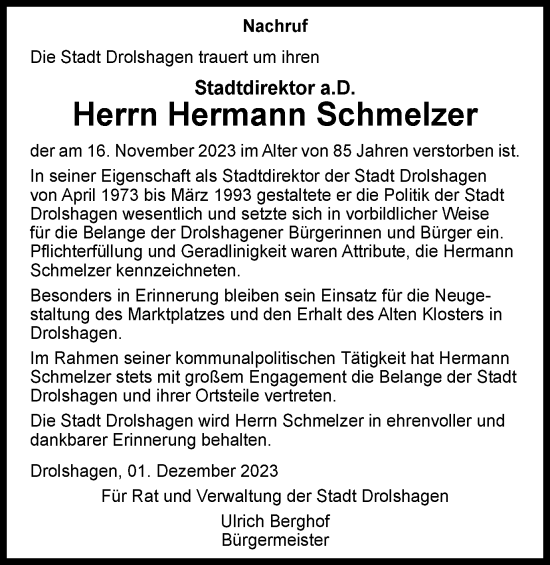 Traueranzeige von Hermann Schmelzer von Tageszeitung