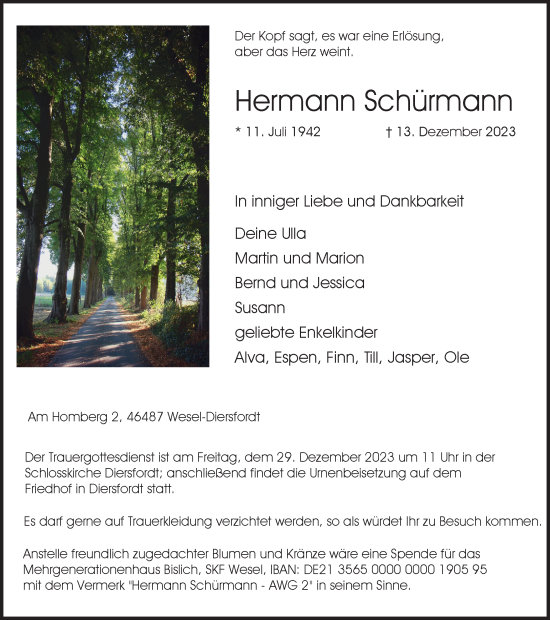 Traueranzeige von Hermann Schürmann von Tageszeitung