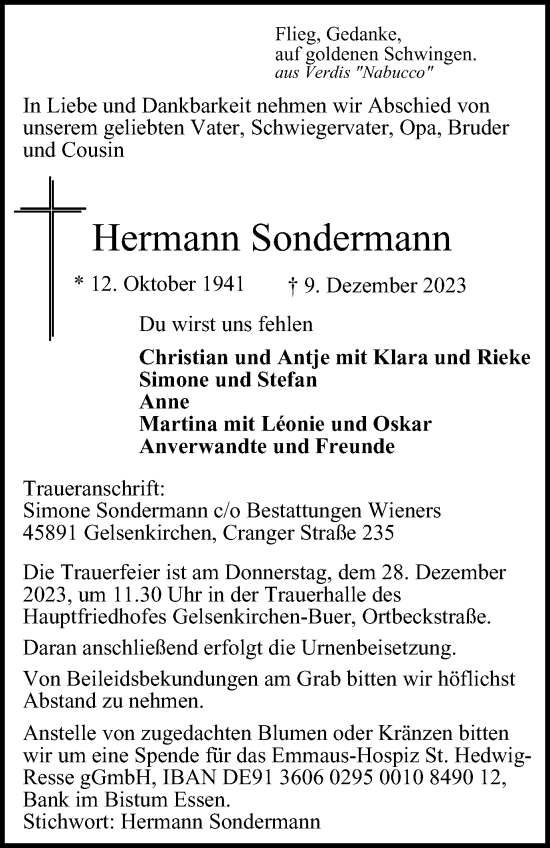 Traueranzeige von Hermann Sondermann von Tageszeitung