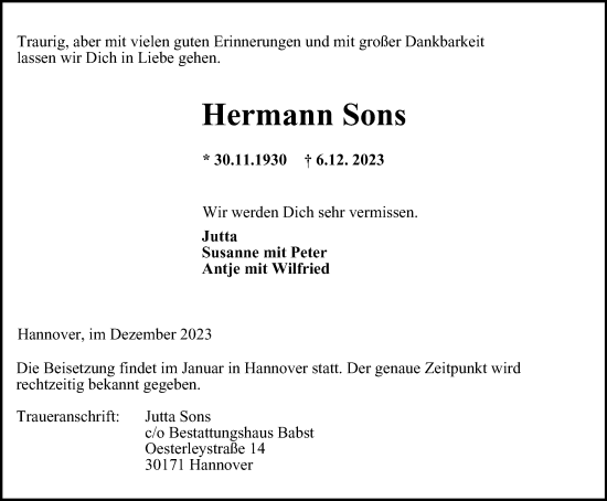 Traueranzeige von Hermann Sons von Tageszeitung