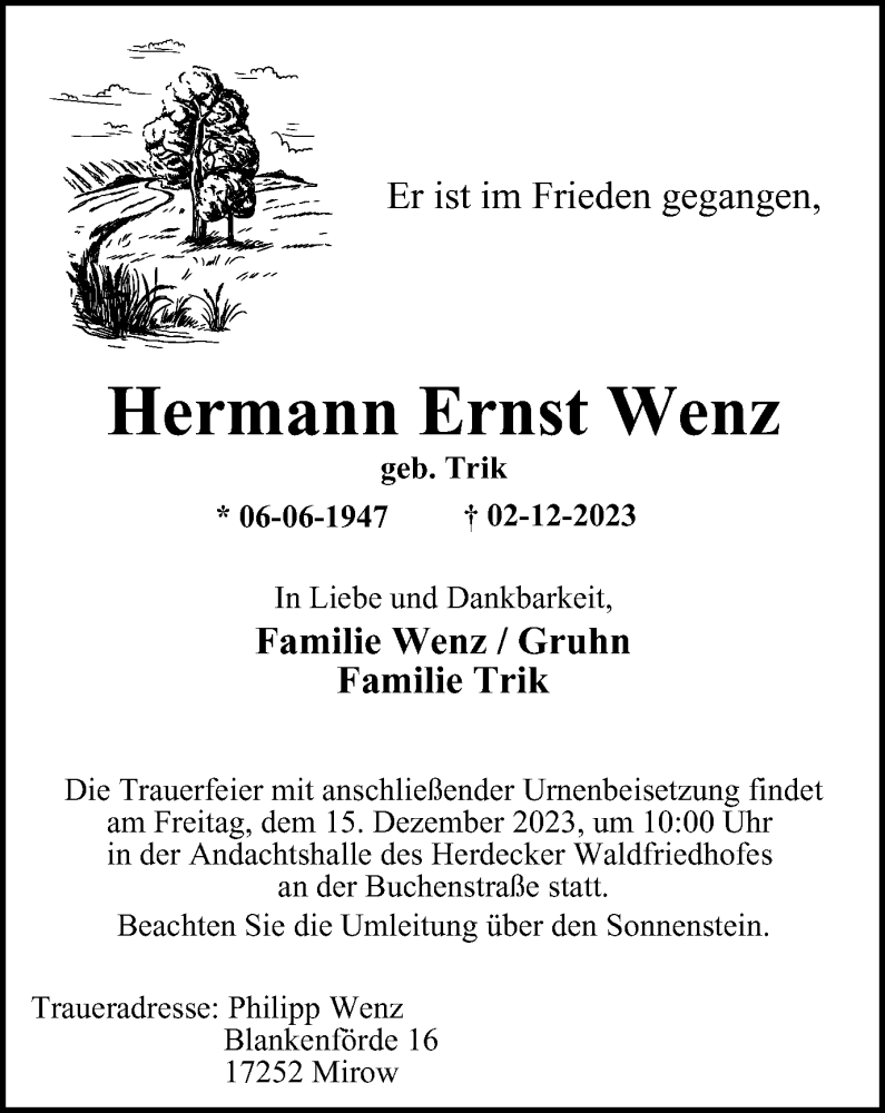  Traueranzeige für Hermann Ernst Wenz vom 13.12.2023 aus Tageszeitung