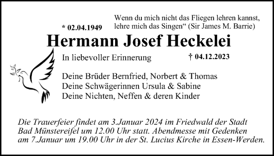 Traueranzeige von Hermann Josef Heckelei von Tageszeitung