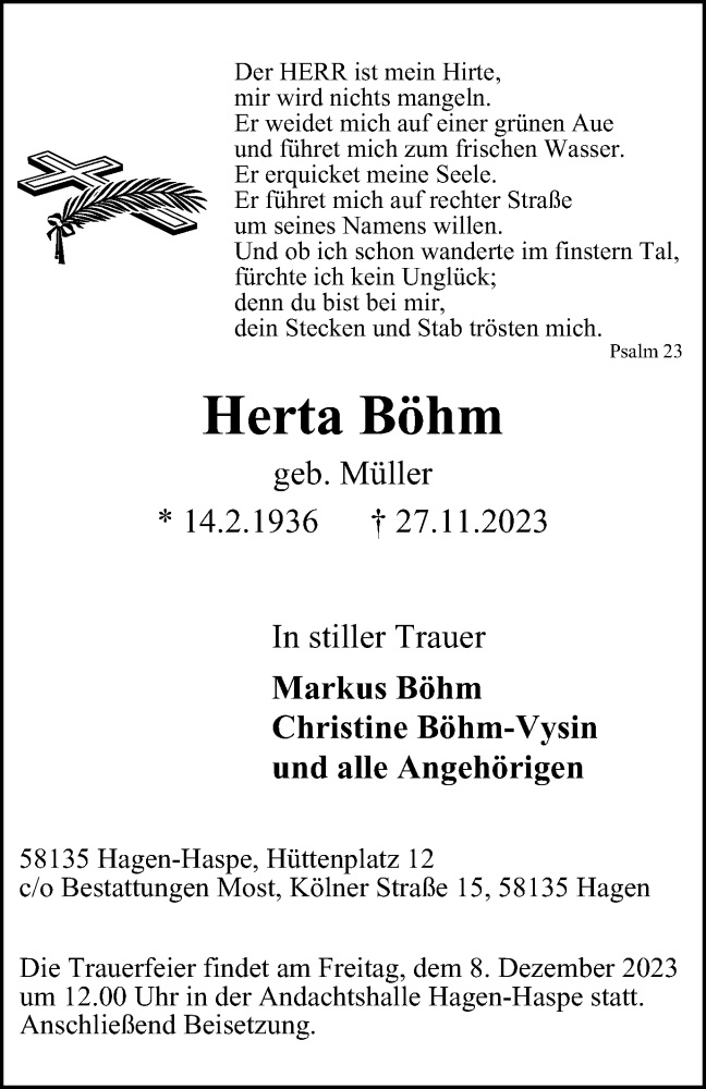  Traueranzeige für Herta Böhm vom 02.12.2023 aus Tageszeitung