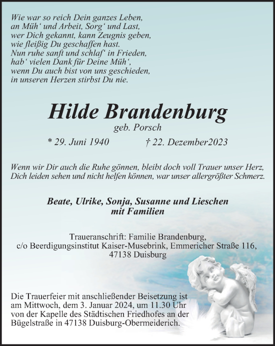 Traueranzeige von Hilde Brandenburg von Tageszeitung