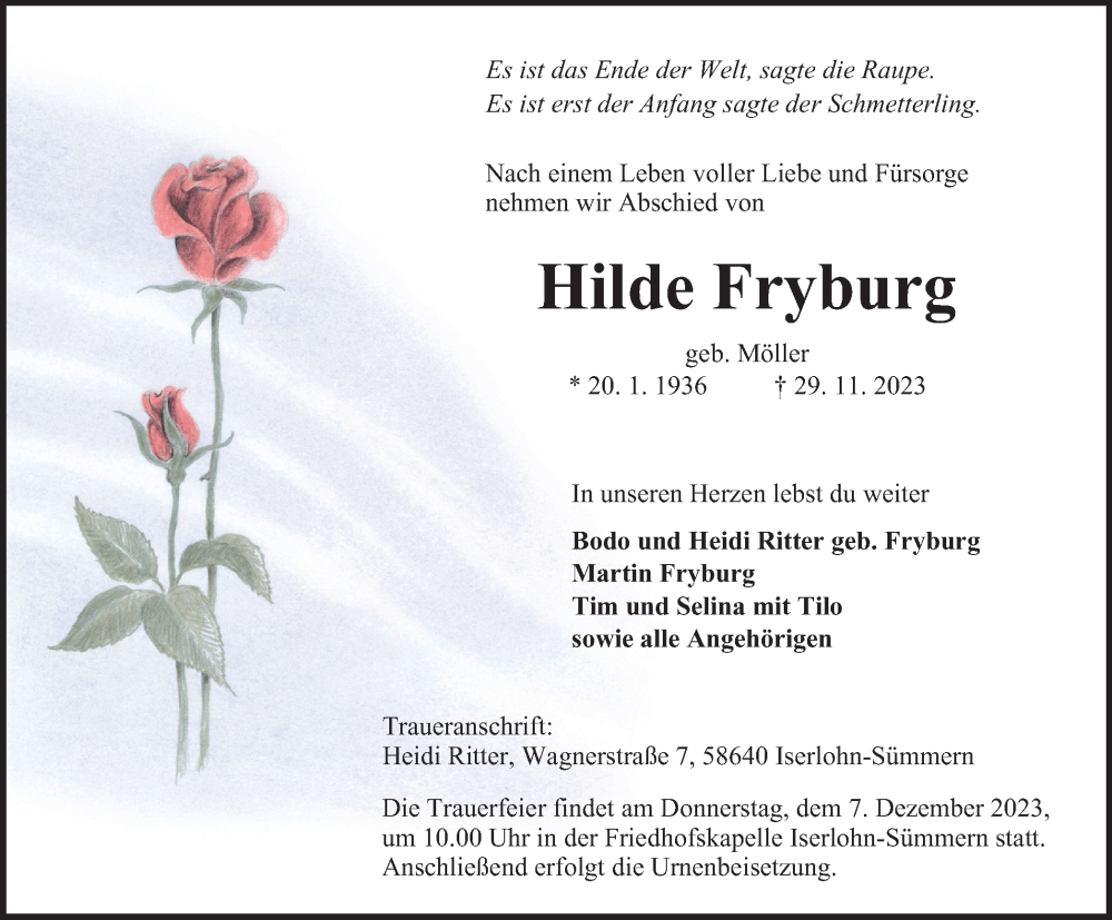 Traueranzeige für Hilde Fryburg vom 02.12.2023 aus Tageszeitung