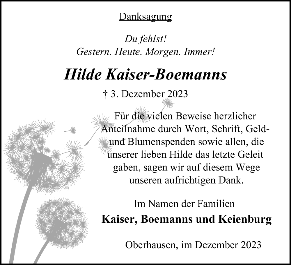  Traueranzeige für Hilde Kaiser-Boemanns vom 30.12.2023 aus Tageszeitung