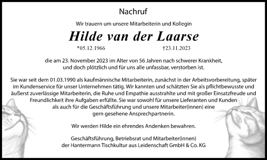 Traueranzeige von Hilde van der Laarse von Tageszeitung