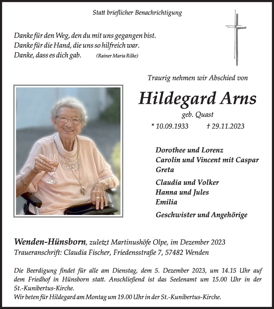  Traueranzeige für Hildegard Arns vom 02.12.2023 aus Tageszeitung