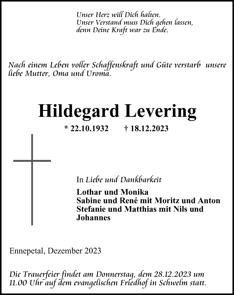  Traueranzeige für Hildegard Levering vom 23.12.2023 aus Tageszeitung