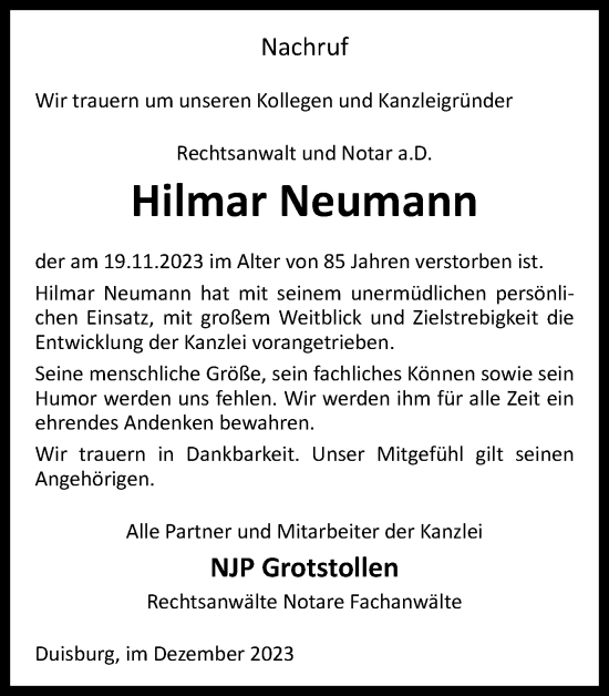 Traueranzeige von Hilmar Neumann von Tageszeitung