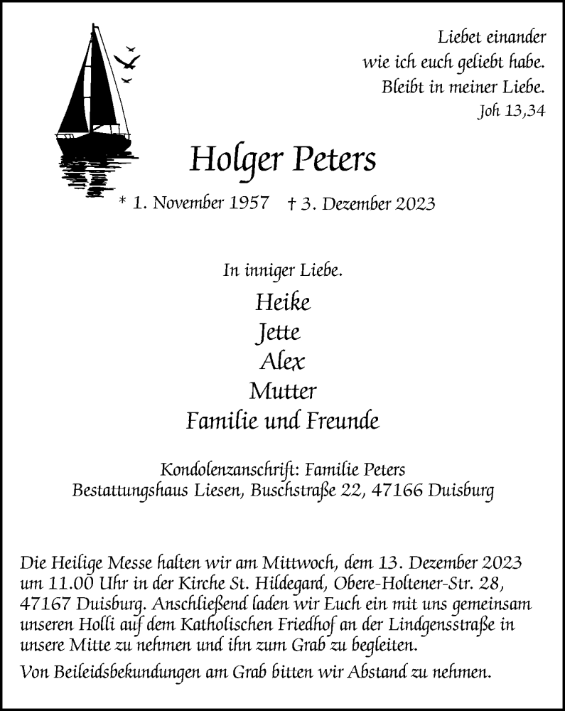  Traueranzeige für Holger Peters vom 09.12.2023 aus Tageszeitung