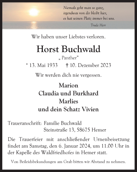 Traueranzeige von Horst Buchwald von Tageszeitung