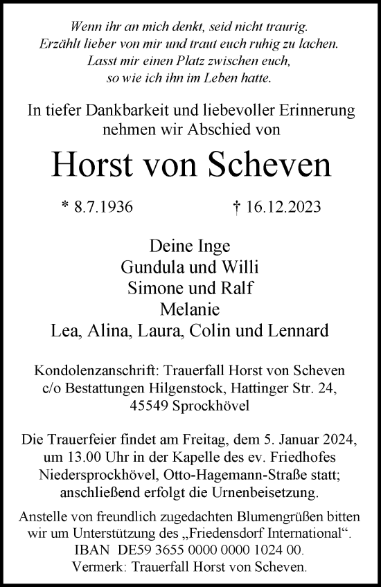 Traueranzeige von Horst von Scheven von Tageszeitung