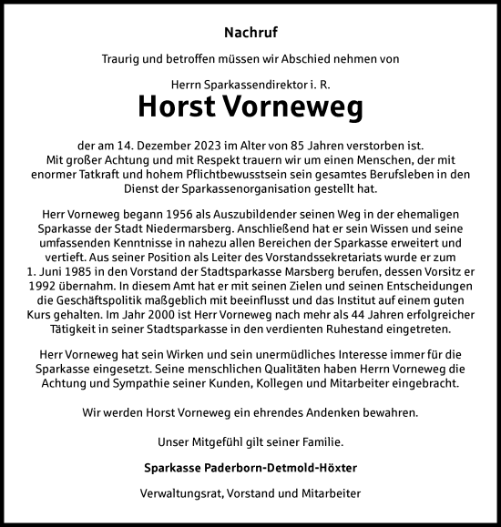 Traueranzeige von Horst Vorneweg von Tageszeitung