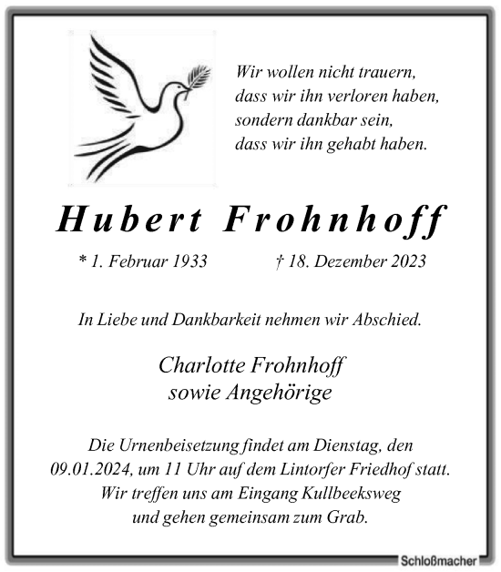 Traueranzeige von Hubert Frohnhoff von Tageszeitung